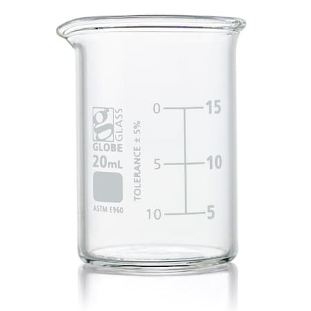 Globe Scientific Beaker, Globe Glass, 20mL, Low Form Griffin Style, Dual Graduations, ASTM E960, 12/Box, 12PK 8010020